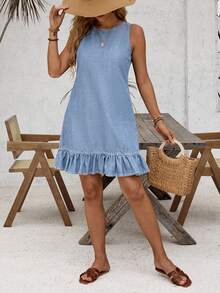 EMERY ROSE Women's Round Neck Casual Denim Dress With Ruffle Hem And Button Back Design, Sleeveless - Light Wash - View 6