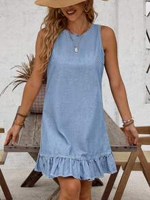 EMERY ROSE Women's Round Neck Casual Denim Dress With Ruffle Hem And Button Back Design, Sleeveless - Light Wash - View 7