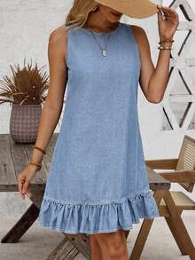 EMERY ROSE Women's Round Neck Casual Denim Dress With Ruffle Hem And Button Back Design, Sleeveless - Light Wash - View 5