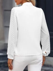 EMERY ROSE Solid Notched Neck Bishop Sleeve Blouse,Long Sleeve Tops Fall Cloth For Women - White - View 2