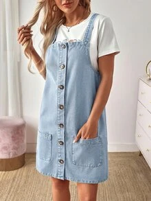 EMERY ROSE Women's Casual Front Button Denim Dress, Summer - Light Wash - View 8
