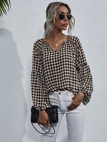 EMERY ROSE Notched Checker Bishop Sleeve Chiffon Blouse,Long Sleeve Tops Fall Cloth For Women - Multicolor - View 7