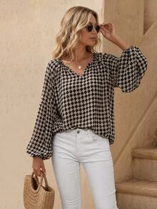 EMERY ROSE Notched Checker Bishop Sleeve Chiffon Blouse,Long Sleeve Tops Fall Cloth For Women - Multicolor - View 3