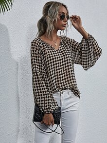 EMERY ROSE Notched Checker Bishop Sleeve Chiffon Blouse,Long Sleeve Tops Fall Cloth For Women - Multicolor - View 6