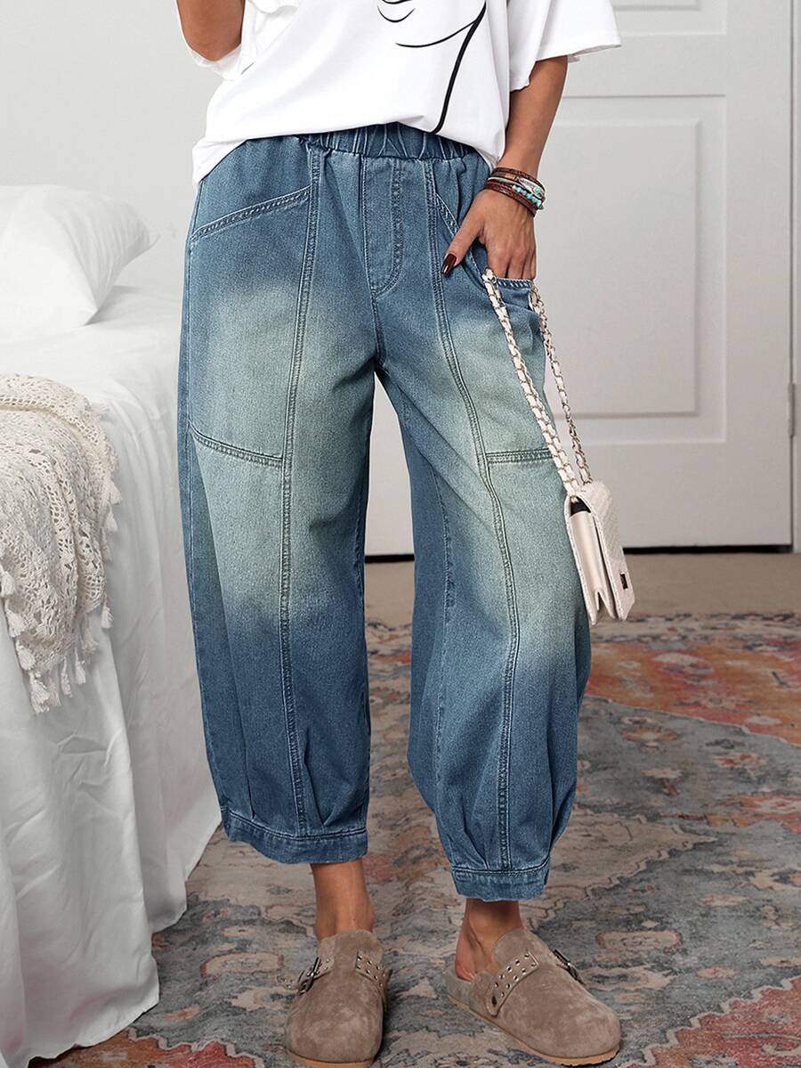EMERY ROSE Women's Casual Washed Elastic Waist Jeans - Blue - View 1
