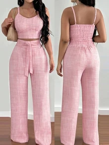 EMERY ROSE 2pcs/Set Women Floral Print Camisole Top And Elastic Waist Wide Leg Pants - Pink - View 3