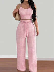 EMERY ROSE 2pcs/Set Women Floral Print Camisole Top And Elastic Waist Wide Leg Pants - Pink - View 4