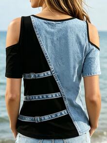 EMERY ROSE Casual Street Wear Fashion Faux Denim Colorblock Patchwork Suitable For Daily Vacation Travel And Party Wear Women's Off-Shoulder T-Shirt Black Summer - Blue - View 2