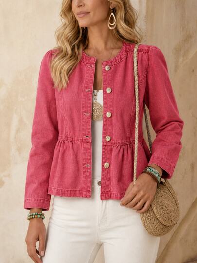 EMERY ROSE Women's Autumn Denim Jacket With Ruffle Hem And Single-Breasted Design