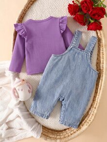 SHEIN 2件組女嬰韓系清新花卉刺繡牛仔吊帶褲套裝，粉色荷葉袖羅紋長袖T恤，精緻刺繡，柔軟面料，適中厚度，嬰兒幼兒2件套，春秋新品，適合派對、慶典、日常穿著，0-1歲 - 紫色 - 查看 2