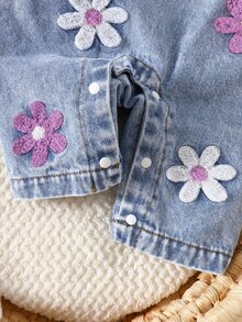 SHEIN 2件組女嬰韓系清新花卉刺繡牛仔吊帶褲套裝，粉色荷葉袖羅紋長袖T恤，精緻刺繡，柔軟面料，適中厚度，嬰兒幼兒2件套，春秋新品，適合派對、慶典、日常穿著，0-1歲 - 紫色 - 查看 5
