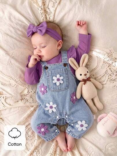 SHEIN 2pcs/Set Baby Girl Korean Style Fresh Floral Embroidered Denim Overalls Outfit, Pink Flutter Sleeve Ribbed Long Sleeve T-Shirt, Exquisite Embroidery, Soft Fabric, Regular Thickness, Infant Toddler 2-Piece Set, Spring/Autumn New Arrival, Suitable For Party, Celebration, Daily Wear, 0-1 Years Old
