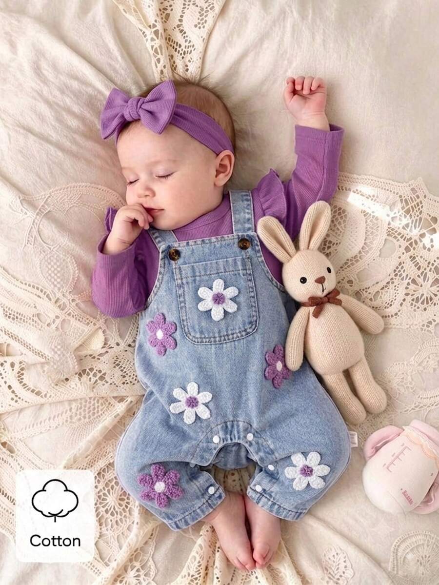 SHEIN 2件組女嬰韓系清新花卉刺繡牛仔吊帶褲套裝,粉色荷葉袖羅紋長袖T恤,精緻刺繡,柔軟面料,適中厚度,嬰兒幼兒2件套,春秋新品,適合派對、慶典、日常穿著,0-1歲 - 紫色 - 查看 1