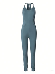 EMERY ROSE Women's Blue Knitted Spaghetti Strap Unitard Jumpsuit With Pockets Cropped Length Casual Style - Blue - View 4