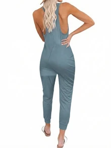 EMERY ROSE Women's Blue Knitted Spaghetti Strap Unitard Jumpsuit With Pockets Cropped Length Casual Style - Blue - View 2