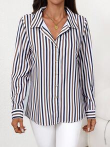 EMERY ROSE Women's Striped Long Sleeve Single-Breasted Casual/Work Shirt - Multicolor - View 6