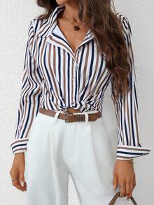 EMERY ROSE Women's Striped Long Sleeve Single-Breasted Casual/Work Shirt - Multicolor - View 4