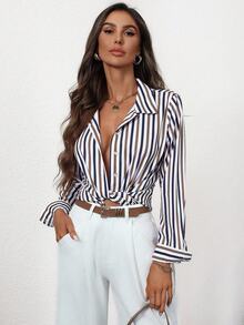 EMERY ROSE Women's Striped Long Sleeve Single-Breasted Casual/Work Shirt - Multicolor - View 5