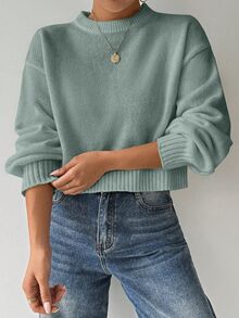 EMERY ROSE Women's Solid Color Simple Casual Crew Neck Long Sleeve White Sweater - Mint Green - View 7