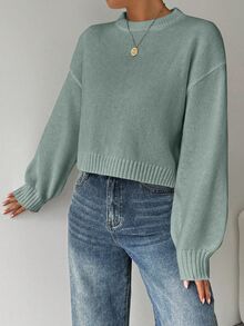 EMERY ROSE Women's Solid Color Simple Casual Crew Neck Long Sleeve White Sweater - Mint Green - View 4