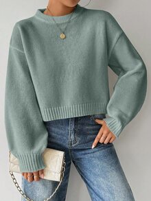 EMERY ROSE Women's Solid Color Simple Casual Crew Neck Long Sleeve White Sweater - Mint Green - View 5