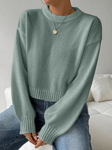 EMERY ROSE Women's Solid Color Simple Casual Crew Neck Long Sleeve White Sweater - Mint Green - View 6