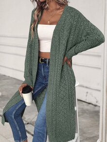 EMERY ROSE Women Fashion Plain Hollow Out Long Sleeve Casual Cardigan,Long Sleeve Tops Fall Winter Cloth For Women - Green - View 7