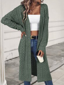 EMERY ROSE Women Fashion Plain Hollow Out Long Sleeve Casual Cardigan,Long Sleeve Tops Fall Winter Cloth For Women - Green - View 5