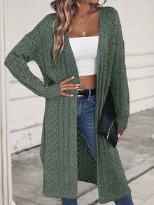 EMERY ROSE Women Fashion Plain Hollow Out Long Sleeve Casual Cardigan,Long Sleeve Tops Fall Winter Cloth For Women - Green - View 4