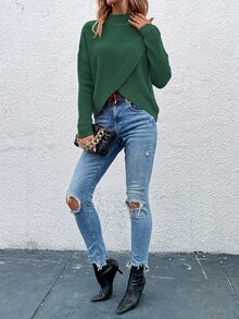 EMERY ROSE Women's Solid Color Stand Collar Drop Shoulder Long Sleeve Casual Pullover Sweater, Autumn/Winter - Green - View 5