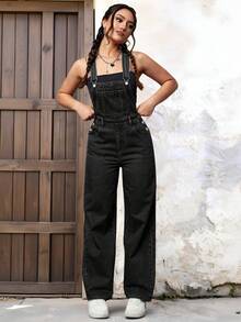 EMERY ROSE Petos mezclilla unicolor con bolsillo delantero sin top tank - Negro - Ver 5