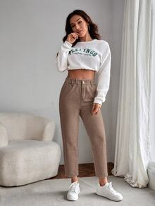 EMERY ROSE Women's Summer Paperbag Waist Straight Leg Jeans - Coffee Brown - View 7