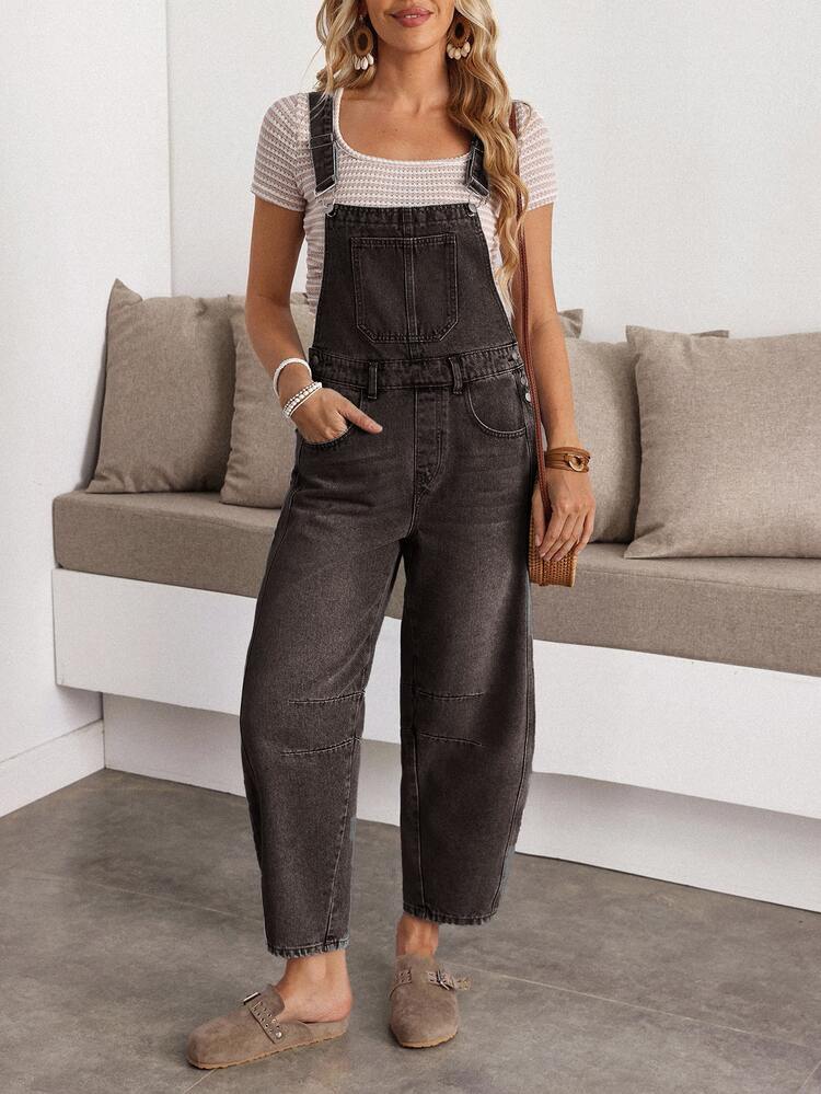 EMERY ROSE Women's Loose Pocketed Conical Denim Bib & Brace Jumpsuit, Summer Women Overalls Jean Overalls Denim Overalls Baggy Overalls Jumpsuits For Women - Black - View 4