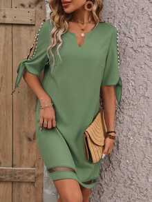 EMERY ROSE Women's Elegant Vacation Style Minimalist Solid Color Notched Neck Split Sleeve Faux Pearl Decor Mesh Splice Dress, Summer - Pastel Green - View 5