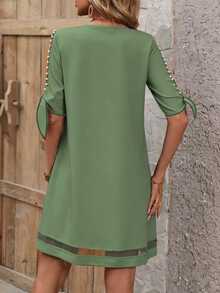 EMERY ROSE Women's Elegant Vacation Style Minimalist Solid Color Notched Neck Split Sleeve Faux Pearl Decor Mesh Splice Dress, Summer - Pastel Green - View 2