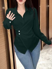 EMERY ROSE Women's Plain Color Long Sleeve Wrap Blouse, Spring Autumn Women Shirt Fall Cloth For Women - Dark Green - View 6