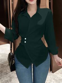 EMERY ROSE Women's Plain Color Long Sleeve Wrap Blouse, Spring Autumn Women Shirt Fall Cloth For Women - Dark Green - View 5