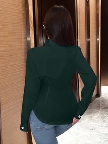 EMERY ROSE Women's Plain Color Long Sleeve Wrap Blouse, Spring Autumn Women Shirt Fall Cloth For Women - Dark Green - View 2