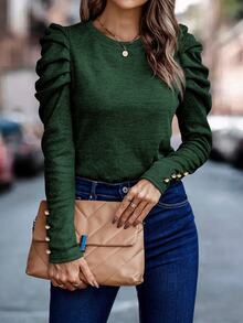 EMERY ROSE Women's Solid Color Minimalist Crew Neck Long Sleeve T-Shirt, Everyday Wear - Dark Green - View 7