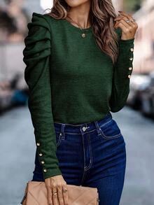 EMERY ROSE Women's Solid Color Minimalist Crew Neck Long Sleeve T-Shirt, Everyday Wear - Dark Green - View 6