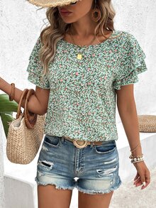 EMERY ROSE Ditsy Floral Double-Layer Ruffle Sleeve Blouse - Multicolor - View 4