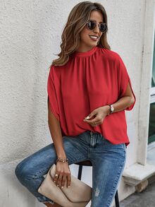 EMERY ROSE Elegant Solid Color Stand Collar Mid-Sleeve Shirt Cute Red Top Chiffon Blouses For Women Red Blouse Red Summer Tops - Red - View 7