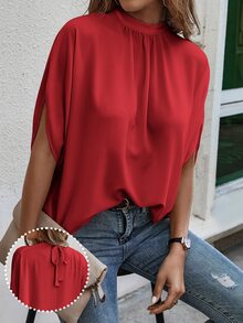 EMERY ROSE Elegant Solid Color Stand Collar Mid-Sleeve Shirt Cute Red Top Chiffon Blouses For Women Red Blouse Red Summer Tops - Red - View 4