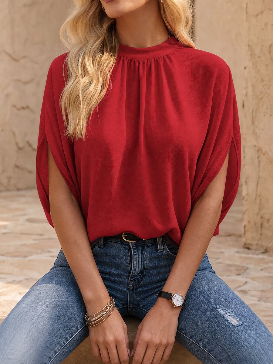 EMERY ROSE Elegant Solid Color Stand Collar Mid-Sleeve Shirt Cute Red Top Chiffon Blouses For Women Red Blouse Red Summer Tops - Red - View 1