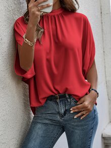 EMERY ROSE Elegant Solid Color Stand Collar Mid-Sleeve Shirt Cute Red Top Chiffon Blouses For Women Red Blouse Red Summer Tops - Red - View 6