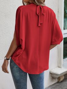 EMERY ROSE Elegant Solid Color Stand Collar Mid-Sleeve Shirt Cute Red Top Chiffon Blouses For Women Red Blouse Red Summer Tops - Red - View 2