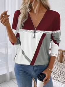 EMERY ROSE Women Casual Autumn/Winter Long Sleeve T-Shirt With Half-Zipper Neckline, Geometric Print Graphic Tees Women Tops For Spring - Multicolor - View 5
