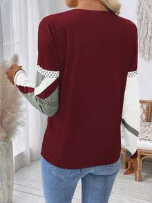 EMERY ROSE Women Casual Autumn/Winter Long Sleeve T-Shirt With Half-Zipper Neckline, Geometric Print Graphic Tees Women Tops For Spring - Multicolor - View 2