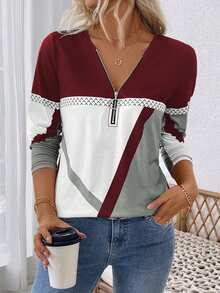 EMERY ROSE Women Casual Autumn/Winter Long Sleeve T-Shirt With Half-Zipper Neckline, Geometric Print Graphic Tees Women Tops For Spring - Multicolor - View 6