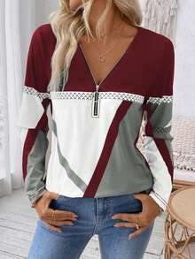EMERY ROSE Women Casual Autumn/Winter Long Sleeve T-Shirt With Half-Zipper Neckline, Geometric Print Graphic Tees Women Tops For Spring - Multicolor - View 7